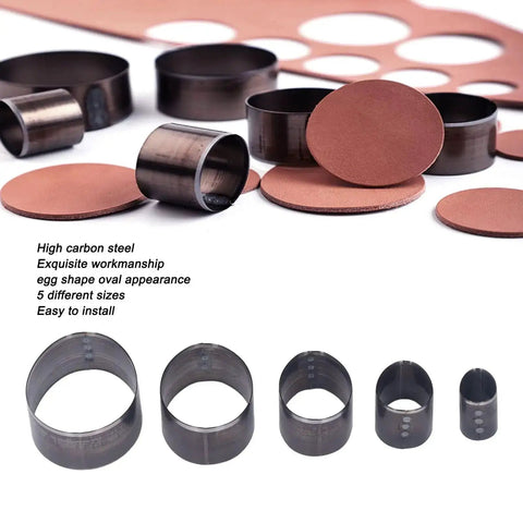5 Piece Leather Die Cutting Dies Set With Oval Hollow Punches Pro Grade Steel Molds for DIY Crafts shown with leather cutouts