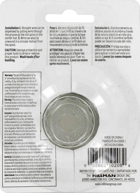Back of packaging for Galvanized Steel Wire Rope 20 Gauge 20x175 Feet For Crafts And DIY Projects Corrosion Resistant And Strong Holds 15 Lbs Silver By Hillman.