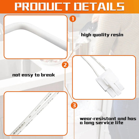 W10511923 Refrigerator Ice Maker Bin Thermistor Temperature Sensor Replacement details showing high-quality resin and durability