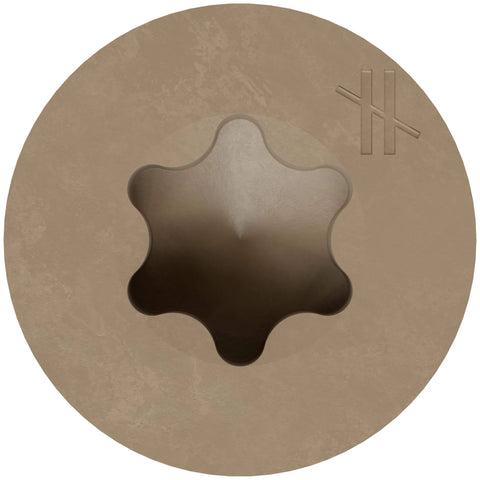 Close-up of the head of DSVT4MB Deck-Drive DSV Wood Screw 10 x 4 Inch Flat Head T-25 with Quik Guard tan coating