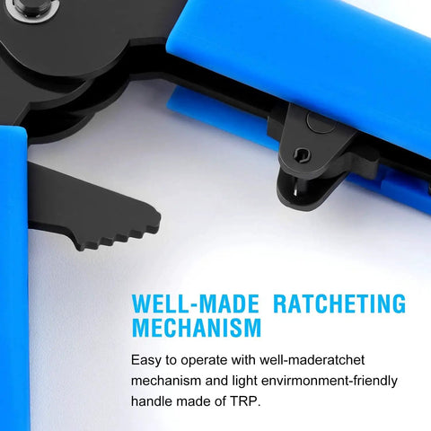 Micro Molex Crimper For D Sub JST And JAE Connectors That Handles 32 To 20 AWG Wire 0.03 To 0.52 Square Millimeter Range Aimed At Quick Accurate Crimping For Electrical Repairs With Durable Alloy Steel Build with close-up of blue handle and ratcheting mechanism.