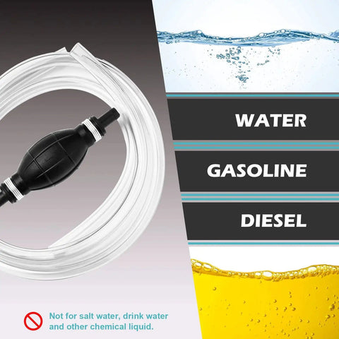 Manual Gas Siphon Pump For Water And Fuel Transfer With Two 15mm PVC Hoses next to images of water, gasoline, diesel.