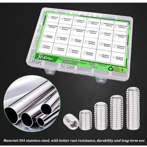 525 Piece Set Screw Kit Metric And SAE With Stainless Steel 304 Cup Point Grub Screws And Internal Hex Drive Includes M3 To M8 And One Eighth To Five Sixteenth Inch Sizes 24 Sizes Total Durable Garage Ready Assortment For Machinery Repairs And DIY with product box and screws on display.