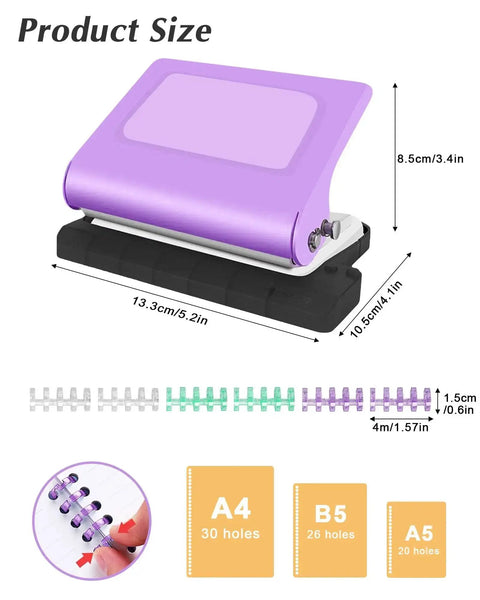 Purple 10 Hole Binding Punch For Planners, Metal Manual Puncher For Home Office, size dimensions shown, ideal for A4 A5 B5 paper.