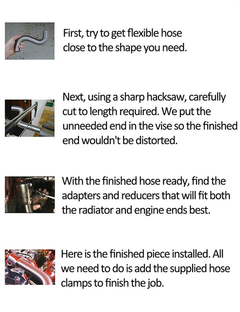 Automotive 24-inch stainless steel radiator hose kit with caps; infographic shows bending, cutting, fittings, final install