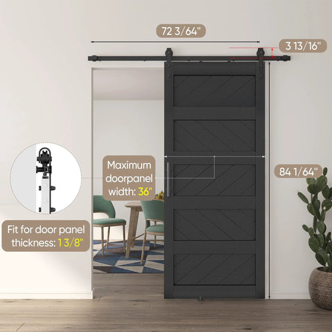 Installed 36 By 84 Inches Wave Shape Sliding Barn Door Kit With Hardware Included, Solid Wood Core With MDF And PVC Covered Surface, Black Finish