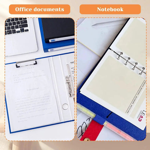 Office documents and notebook on a desk with laptop and binder