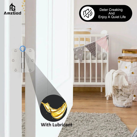 Open door showing Brushed Nickel Door Hinges 3-Pack 3.5 Inch Interior Hinges 5/8" Radius Rounded Corners with Screws in a nursery.