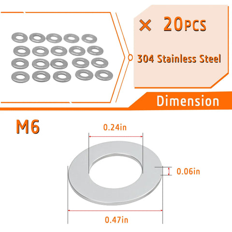 20 pcs M6 304 stainless steel gaskets with dimensions shown, part of Heavy Duty Rivet Nut Tool Kit For Easy Installation Hand Riveter