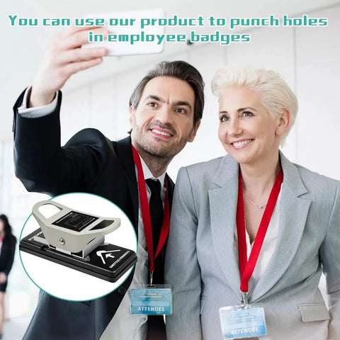 2 In 1 ID Badge Slot Hole Punch For 3x13mm Slots And R5 Card Corner Trimmer shown with employee badges