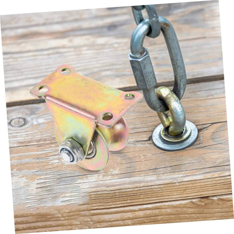 Two Pack Heavy Duty Track Pulley Wheels For Sliding Doors Built Tough Easy Install shown with chain and mount on wooden surface.