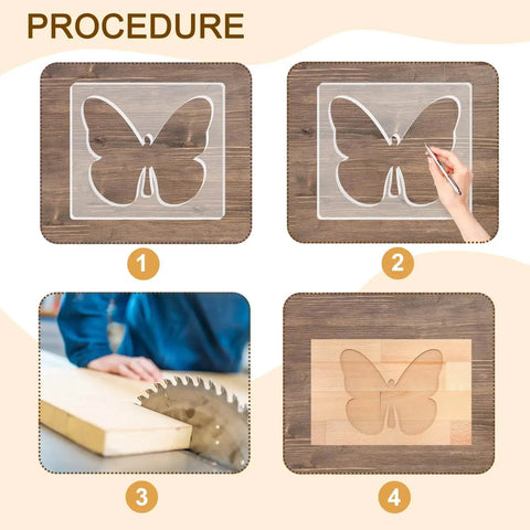 Steps showing usage of Acrylic Butterfly Router Template For Woodworking, 5mm Thick Inlay Template, craft tracing and carving
