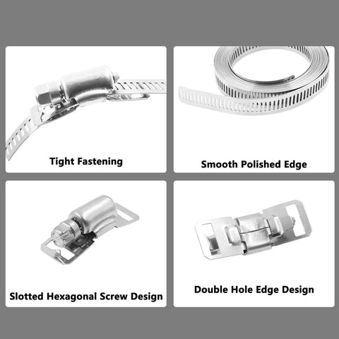 Heavy Duty Worm Gear Hose Clamps 304 Stainless Steel Adjustable Pipe Clamp Kit with Fasteners, shown in tight fastening, smooth edge, screw, and double hole design.