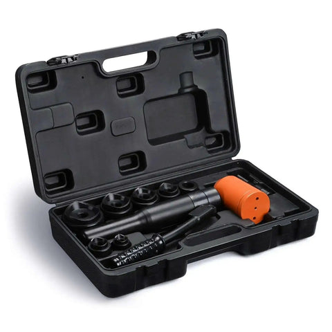 Heavy Duty 8 Ton Hydraulic Knockout Punch Set With Six Die Punches in black case, handheld conduit hole cutter for sheet metal