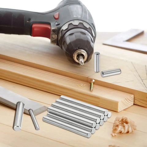 Built To Last 304 Stainless Steel Dowel Pins For Shelves And Cabinets 3x30mm 100 Pack with drill and wooden boards