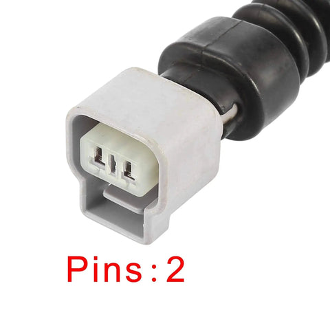 Front view of a two-pin brake pad wear sensor connector: white plug with gray housing and black cable.