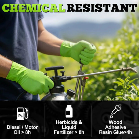 Person spraying outdoors wearing Green Nitrile Gloves 8 Mil Heavy Duty Textured Grip Powder Free Food Safe 100 Ct for chemical resistance