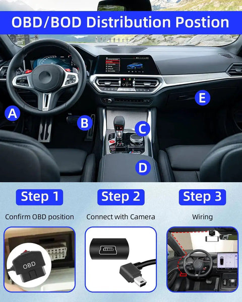 Diagram showing OBD2 To Mini USB Power Cable For Dash Cam installation inside a car with steps for connecting and wiring.