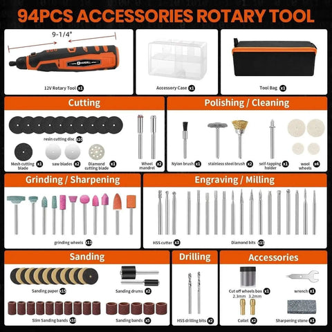 Beast 12V Cordless Rotary Tool Kit With 6 Speeds Up To 30000 RPM And 94 Accessories For Engraving, Sanding, Polishing, Cutting, DIY Projects