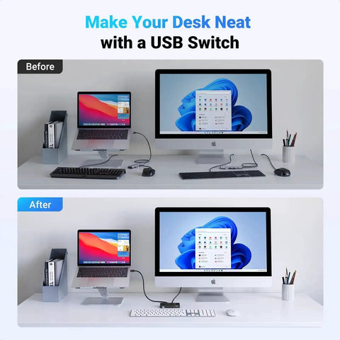 Before and after desk setup with USB Switcher for Two Computers Share Four USB 2.0 Peripherals With One Button Swap Hub for neat setup.