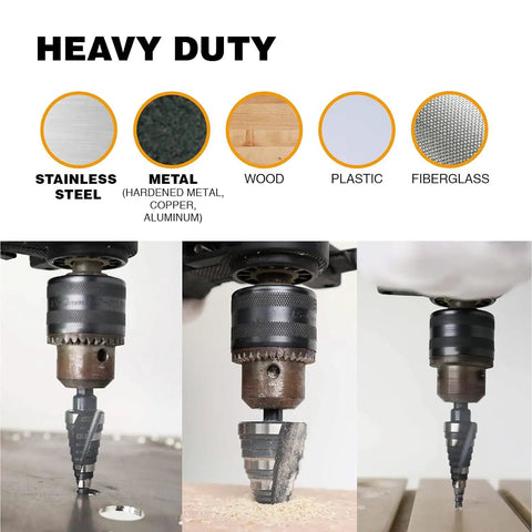 M2 HSS Step Drill Bit 4-32mm By Jerax Tools used for drilling metal, wood, and plastic shown in various applications