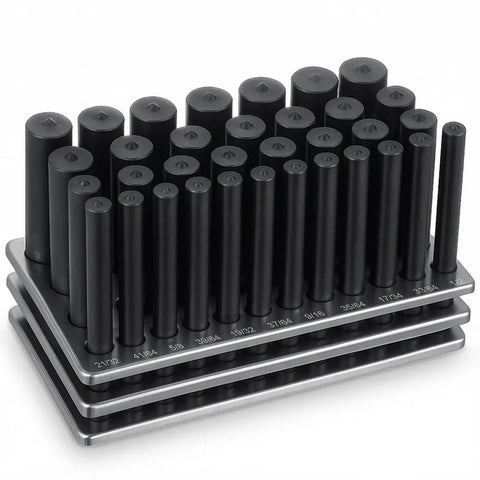 33 Piece All-In-One Transfer Punch Set With Premium Heat Treated Steel Punches From 1/2 To 1 Inch In 64th Increments, 4 7/8 Inch Long