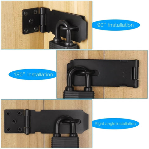 4 Inch Stainless Steel Hasp Latch With Padlock Keys And Screws, Heavy Duty Black Waterproof Gate Lock installed on wooden gate.