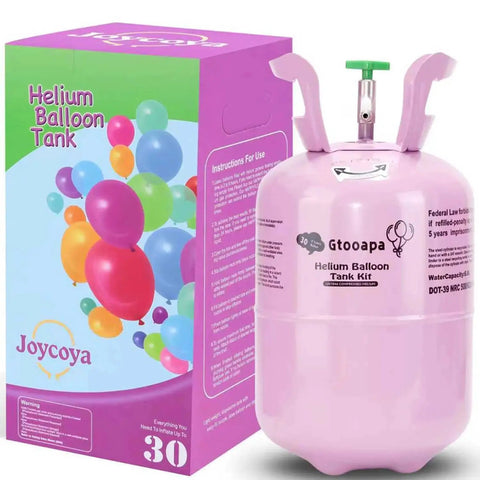 7L Home Helium Balloon Tank with Ribbons Fills Up To 30 Latex Balloons shown with box and colorful balloon design.
