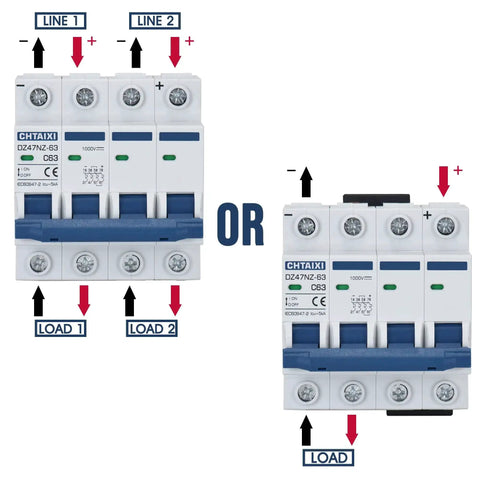 DC Miniature Circuit Breaker 4 Pole 1000V 20A Isolator For Solar PV System With Thermal Magnetic Trip DIN Rail Mount DC Disconnect Switch C20 Arc Extinguishing For Safe Power Distribution And Short Circuit Protection shown with wiring diagram