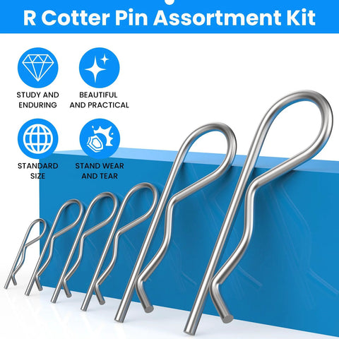 R Clip Hair Pin Fastener Kit For Bolts And Hitch Pins 24 Pcs Zinc Plated Steel R Clips 6 Sizes on blue background
