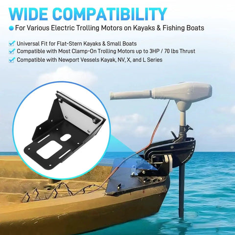 Beefed Up Transom Mount Kit For Trolling Motors Clamp On Mount Fits Most 3HP Motors Up To 70 Lbs Thrust Flat Stem Kayaks And Small Boats Freshwater And Saltwater Black