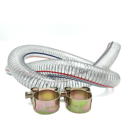 Hxszk 39-inch log splitter suction hose, 1 in ID, silver wire-reinforced PVC hose with red/blue stripes and metal clamps.