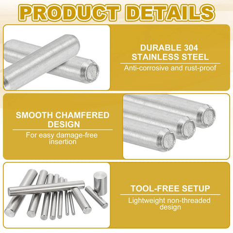 Close-up of 2Mm By 10Mm Stainless Steel Dowel Pins Set Of 60 For Shelves And Furniture Fixing, showing smooth chamfered design and 304 steel.