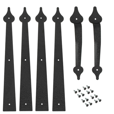 Decorative Garage Door Hinges And Handles Hardware Kit In Black Spear Style, screw mounted, includes 4 hinges and 2 handles with screws