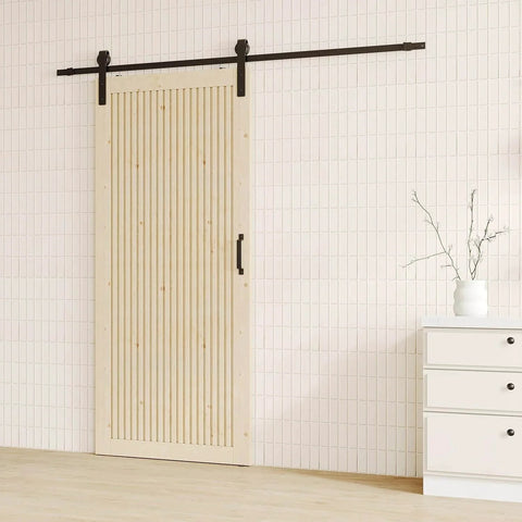 42 Inch By 84 Inch Sliding Barn Door With Wood Slat Design And Hardware Kit Solid Pine Wood for living room, shown installed on wall.