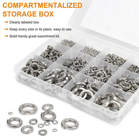 Must-Have 530 Pcs Spring Lock Washer Set With Metric And SAE Sizes M3 To M10 And 1/4 To 3/8 Stainless Steel 304 Lock And Flat Washers