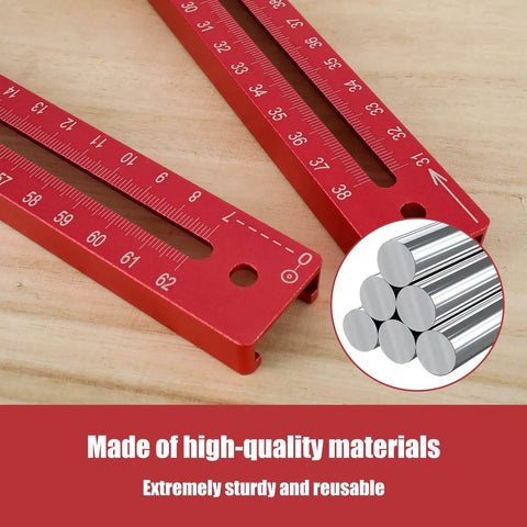 Close-up of 4 In 1 Router Milling Groove Bracket Kit with red aluminum alloy rulers, precise measurements visible