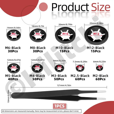 Front view of Hilitchi 351Pcs internal-tooth star lock washers set with tweezers, M2–M12 black oxide.