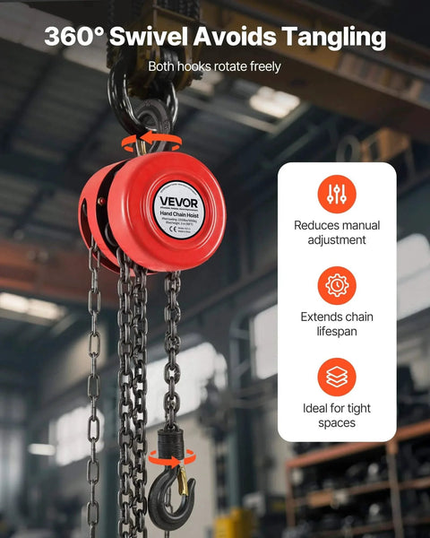 1 Ton Hand Chain Hoist With 10 Ft Lift Height And Galvanized G70 Chain in a warehouse setting with 360-degree swivel feature