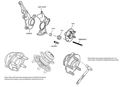 Diagram of Impact Rated Hub Removal Bolt Kit For Bolt In Or Corroded Hubs with labeled parts and instructions for assembly.