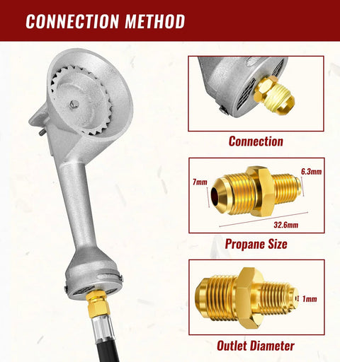 Propane regulator hose, 5ft braided hose with brass fittings; diagram shows connection method and outlet diameter.