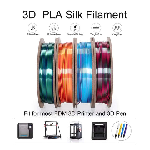 Silk Dual Color PLA Filament Bundle, 1.75mm, 4 Spools Each At 250g, shown in rose, blue, red, gold, violet, green, glossy finish.