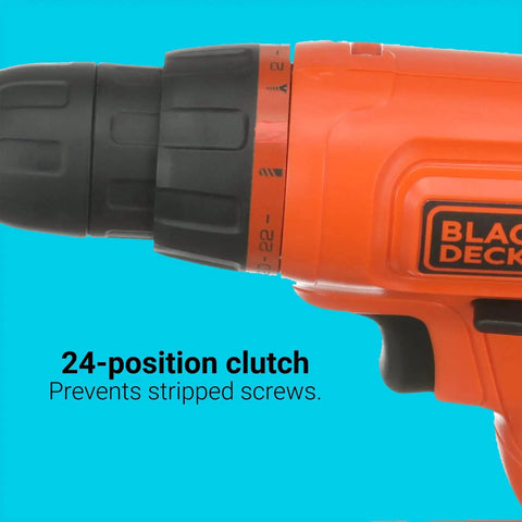 Close-up of 20V Cordless Drill Driver Kit With 100 Piece Bit And Socket Set 24 Position Clutch Soft Grip Handle Battery Included