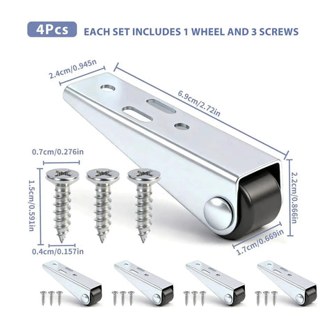 4 Pack Door Droop Support Wheels Set For Sliding Doors Cabinets And Furniture Stability Stainless Steel And Nylon Bottom Track Pulleys with screws