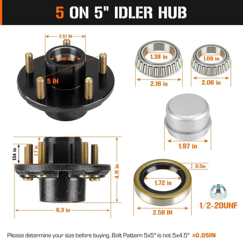 Trailer Hub Idler Kit With 2 Sets Of 5 On 4.5 Inch Bolt Circle For 3500 Lb Axles 1-1/16 To 1-3/8 Inch Tapered Spindle front view