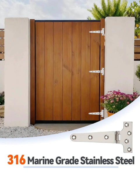 316 Stainless Steel T Hinges 8X4 Heavy Duty With Screws For Hatch Gate Door Fence Barn Cabinets Windows 4 Pack installed on gate