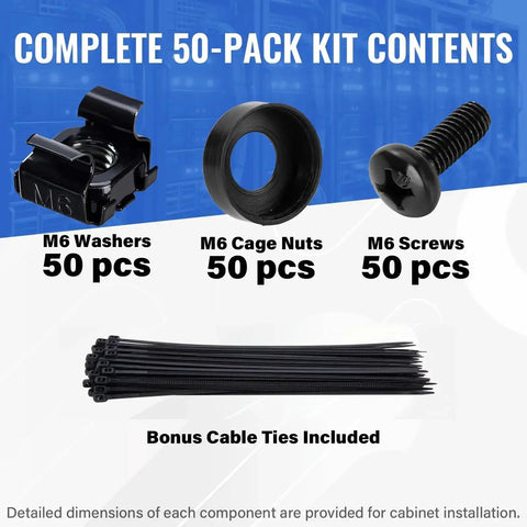 50 Pack M6 x 16mm Rack Mount Cage Nuts Screws And Washers For 19 Inch Server Racks And Network Cabinets Includes Free Self-Locking Cable Ties