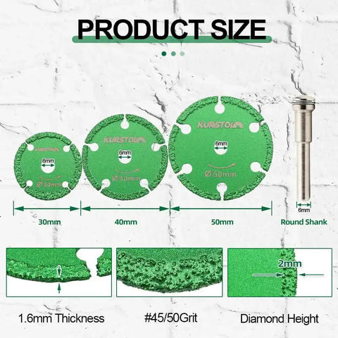 Product size chart showing 30mm, 40mm, 50mm Diamond Metal Cut Off Wheel Set Pro Grade Heavy Duty with 6mm round shaft and grit details.