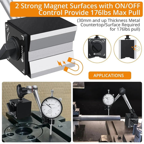 Dial Indicator Set With Magnetic Base Holder And Storage Case For Precision Measurement in use on metal surface