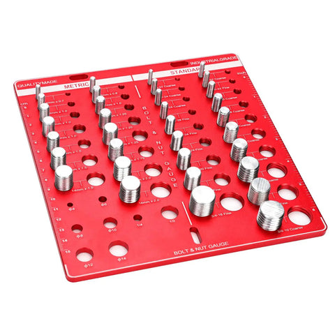 34 Bit Nut And Bolt Thread Checker Kit With 19 Standard And 15 Metric Sizes, Pro Grade, Wall Mounted And Hand Held Thread Gauge Sizing Tool, Nut And Bolt Chart, 8.07 Inch Red displayed from the top view.